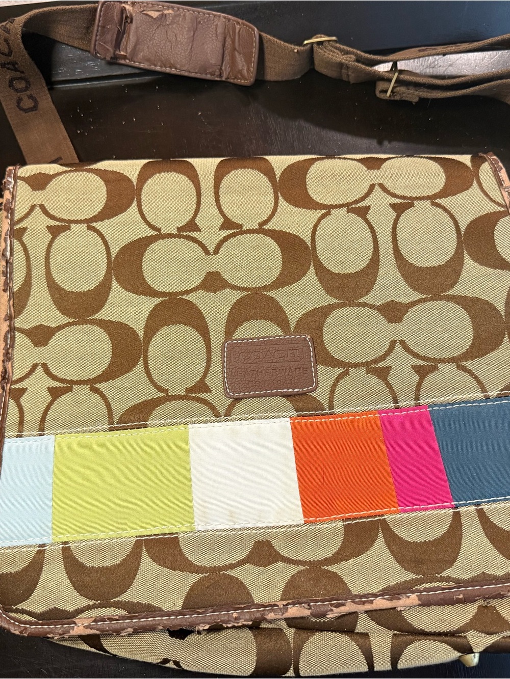 Coach Brown Signature Canvas Messenger with Multicolor Stripe